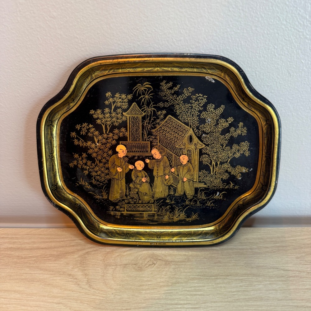 Vintage Elite Chinoiserie Black Gold Tin Trinket Tray Made in England 8x6
